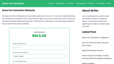 Road Tax Calculator MY